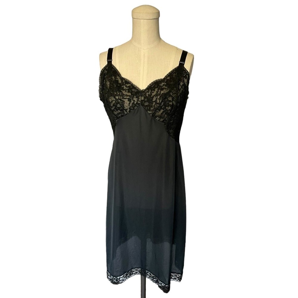 Vintage Komar Lingerie Black Lace Slip Dress Goth Fairy Whimsygoth 36 Medium